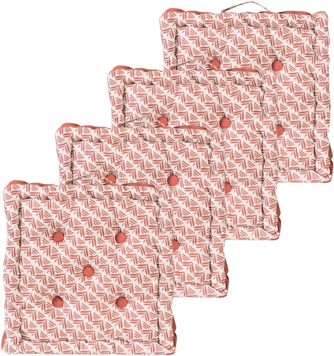 Set van 4 vloerkussens, 40 x 40 cm, met contrasterend handvat, terracotta bedrukt/effen
