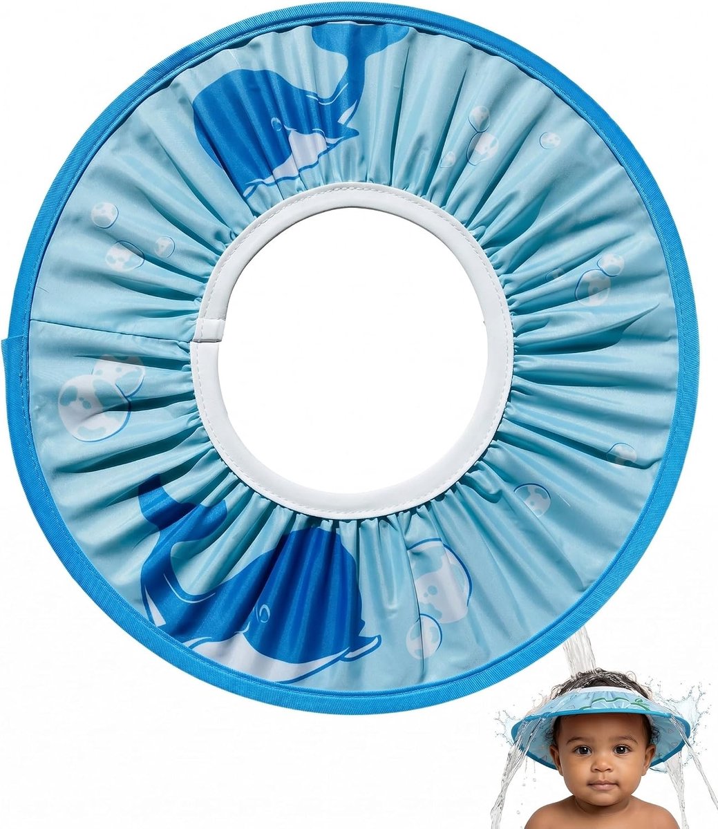 Douchemuts voor kinderen, baby, verstelbaar, waterdicht, shampoobescherming, voor tranenvrij haar wassen en badplezier, 1 stuk, blauwe walvis