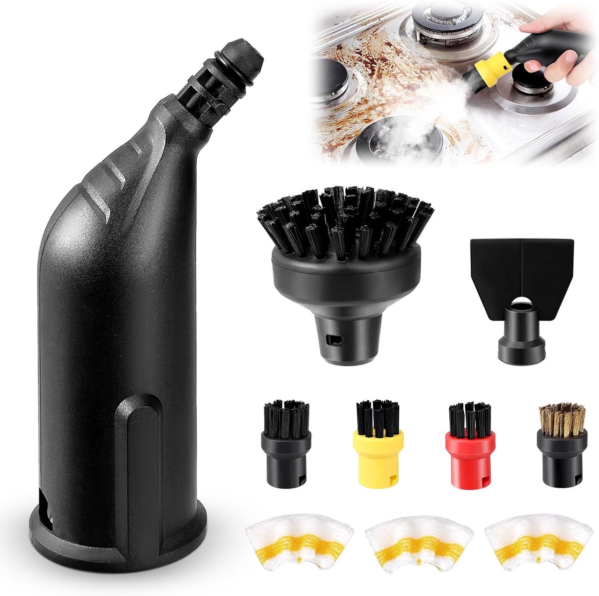 10-delige accessoiresset voor stoomreiniger: 4 ronde borstels, powermondstuk, voegenborstel, schraper en 3 microvezeldoeken