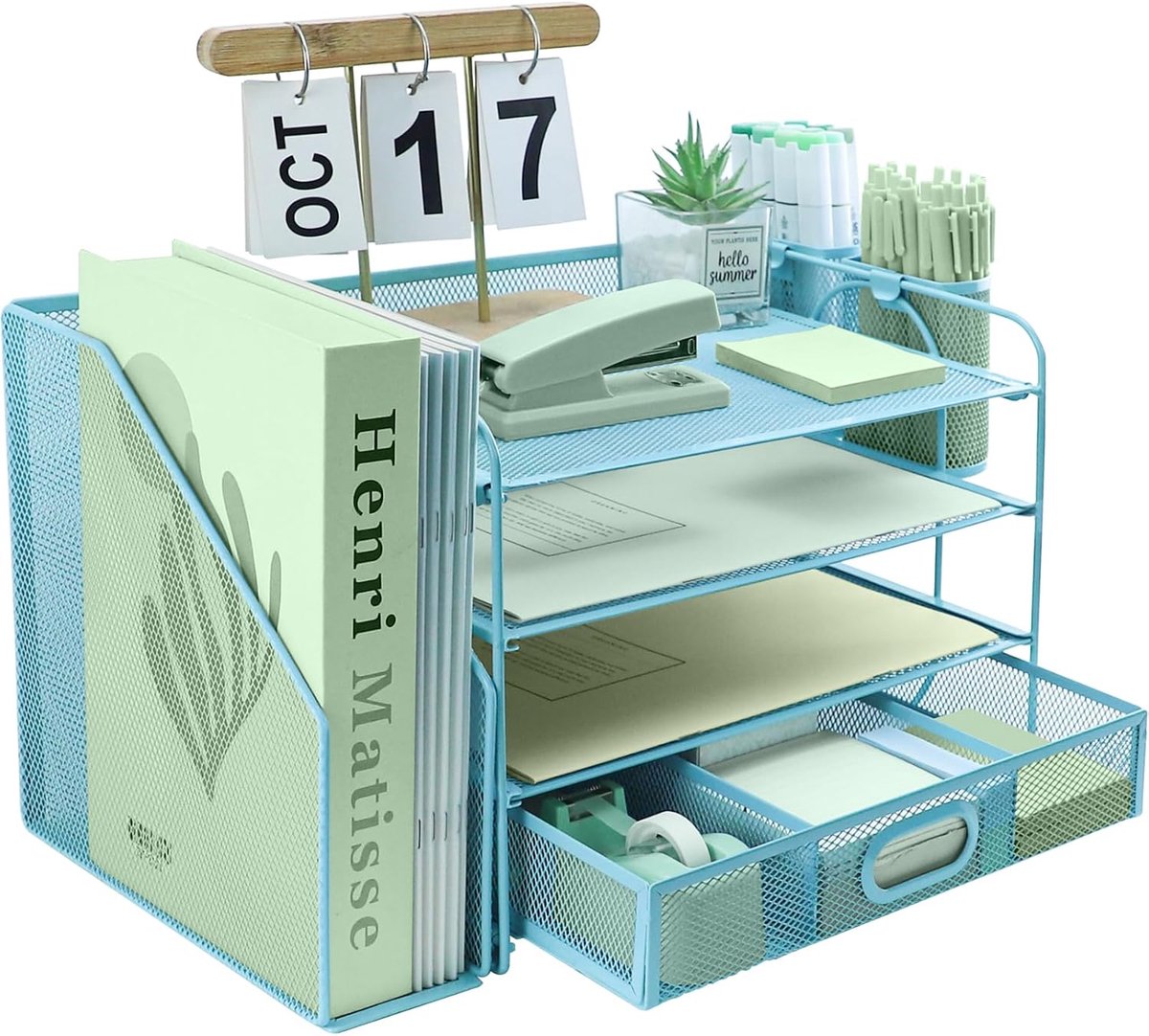 4-laags bureau-bestandsorganizer met extra verticale bestandsorteerder, papierbrievenbak met bovenste briefpapierladehouder, A4-papieren bureaubladen, tijdschriftdocumenthouder voor thuiskantoor
