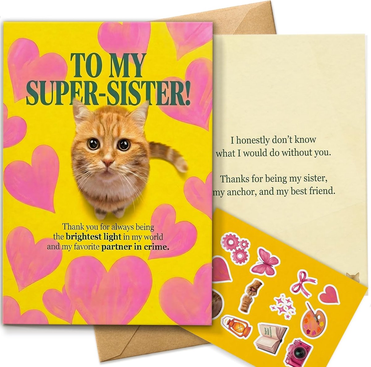 Kattenwenskaart voor zus, fantasierijke bedankkaart, individuele dubbelzijdige print, standaard A5 met origineel design, krachtende envelop en bijpassend stickervel
