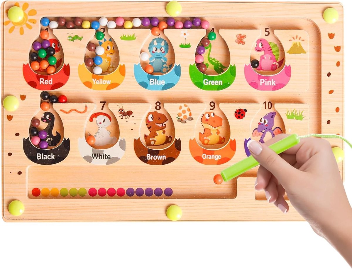 Magnetisch speelgoed - Dinosaurus-eieren - Houten Doolhof met Kralen en Magnetische Pen - Educatief Speelgoed voor Kinderen 2-5 Jaar