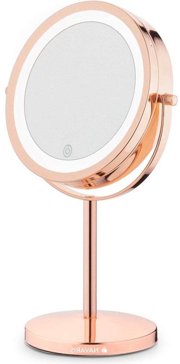 Make-up spiegel met LED-verlichting - Dubbelzijdig - 5x vergroting - Met dimfunctie - Diameter 17cm - Koper - Ronde spiegel met verlichting