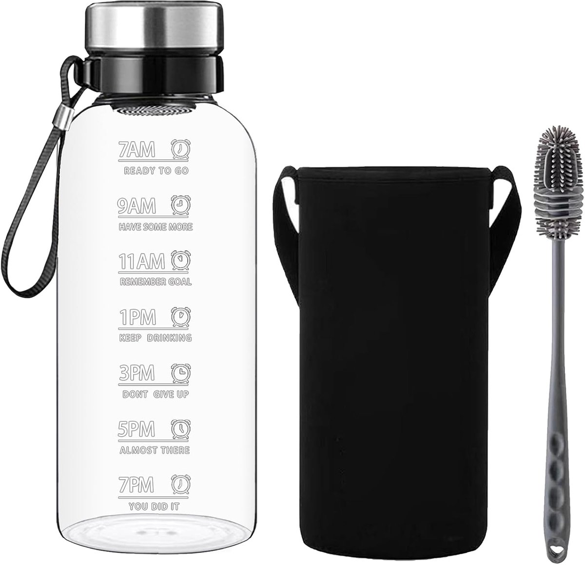 1,5 liter glazen fles, 1,5 l glazen drinkfles, waterfles glas met zeef, neopreen hoes, flessenborstel