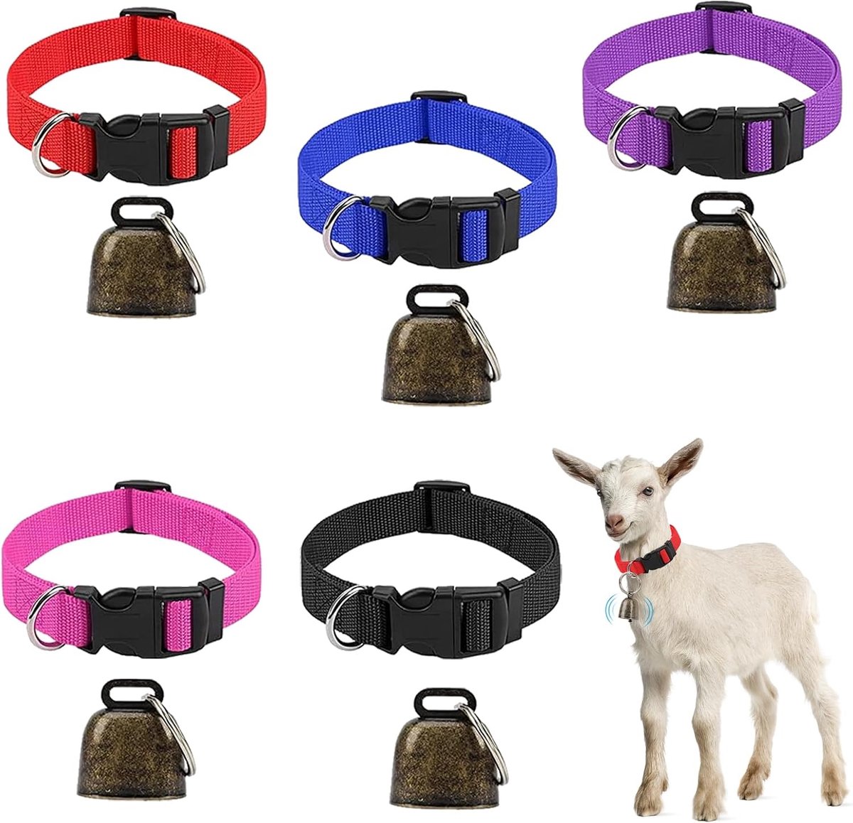 Halsbanden, geitenhalsband met bel, schapenhalsbanden met bel, verstelbare nylon schaaphalsbanden voor kleine boerderijen, geitenschaap, met anti-verlieshalsband