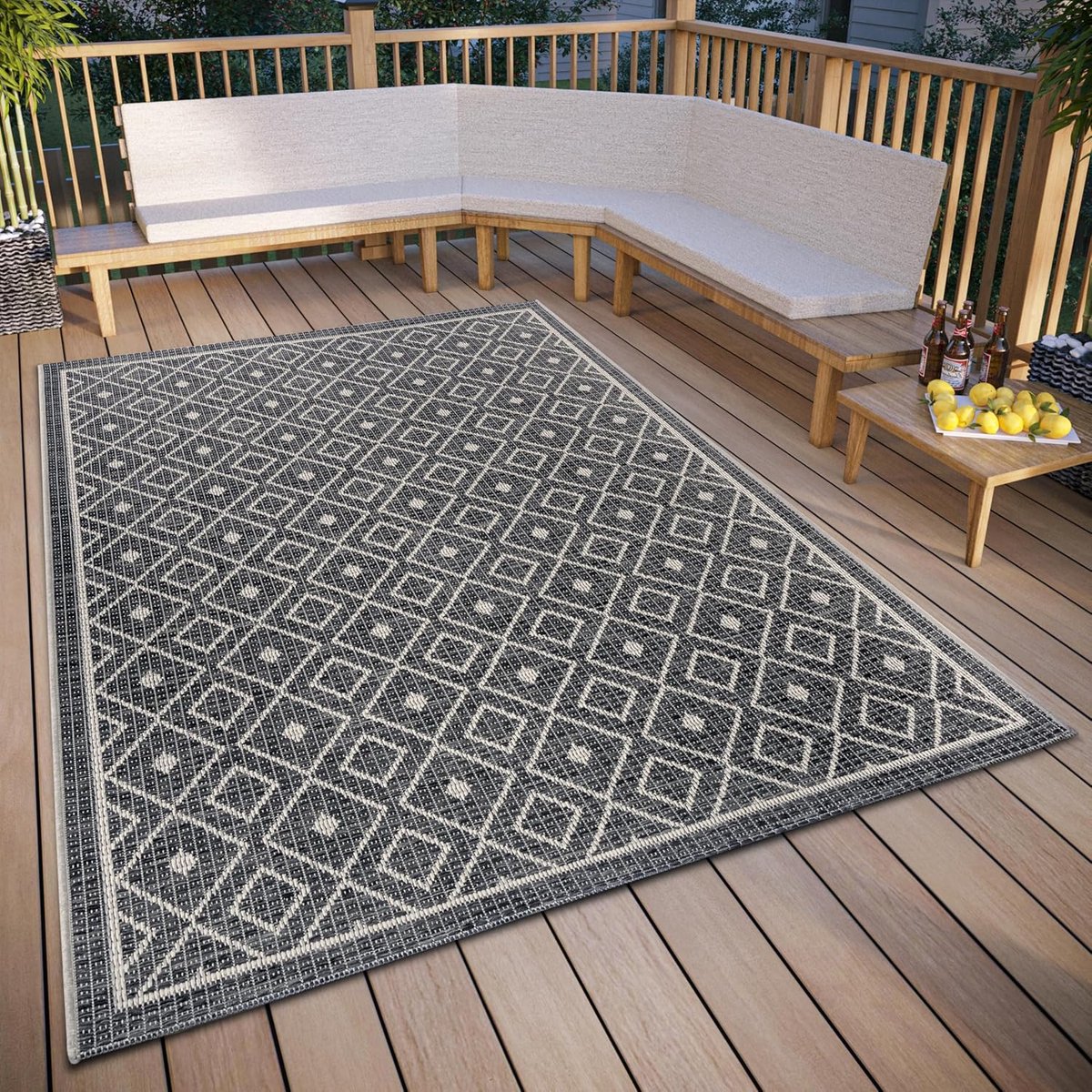 Home Lahal Outdoor tapijt, weerbestendig, modern geometrisch ruitpatroon, waterdicht, robuust buitentapijt, plat weefsel voor tuin, balkon, terras, woonkamer, grijs-beige, 115 x 170 cm