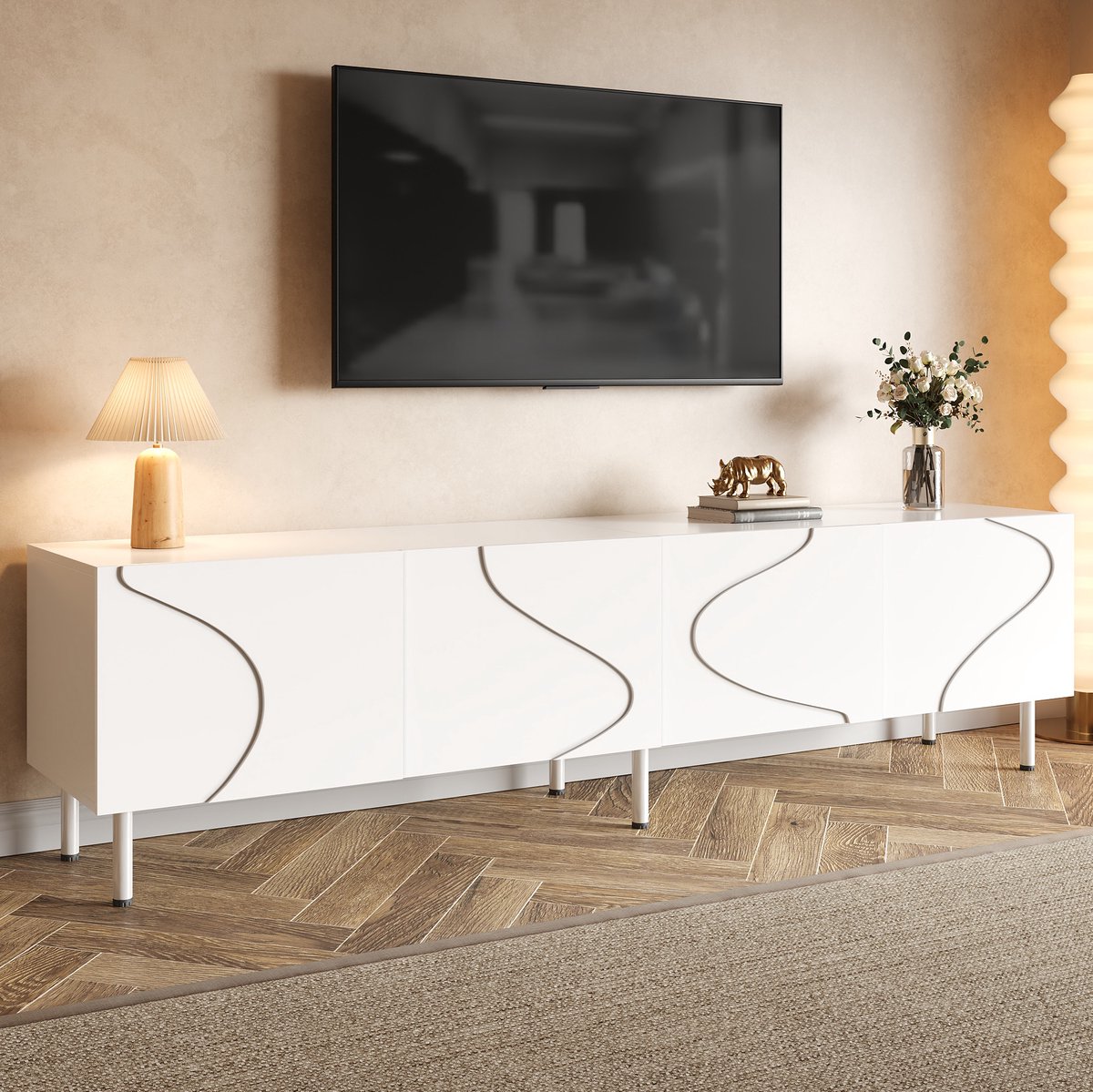 MEUNIQ TV-meubel 170 cm met 4 deuren, push-to-open, vaste legplanken, kabeldoorvoeren en metalen poten voor de woonkamer, wit