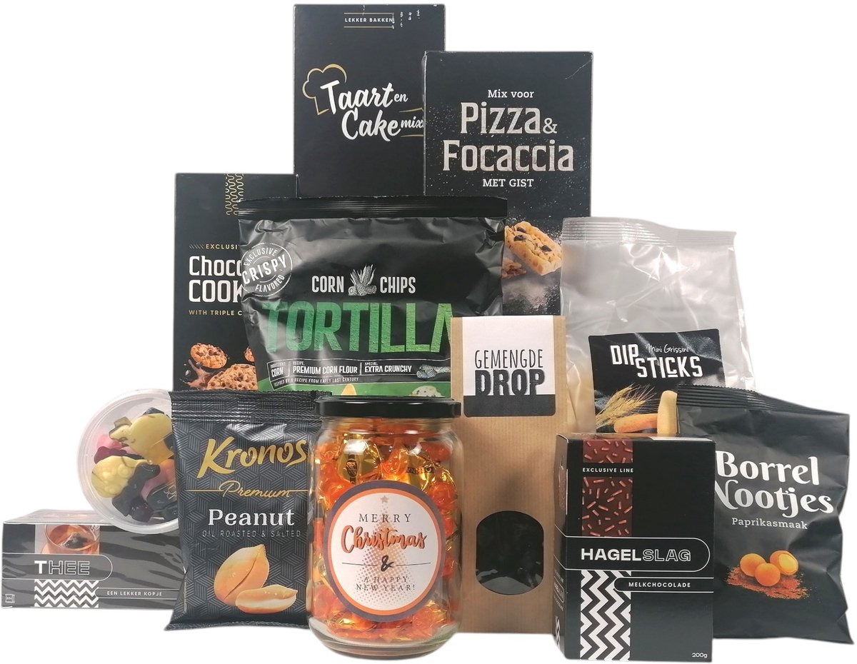 Kerstpakket "Black Christmas" cadeaupakket - chique kerstpakket - verrassend kerstpakket - themakleur zwart - vol heerlijk eten - 12-Delig Eindejaarscadeau