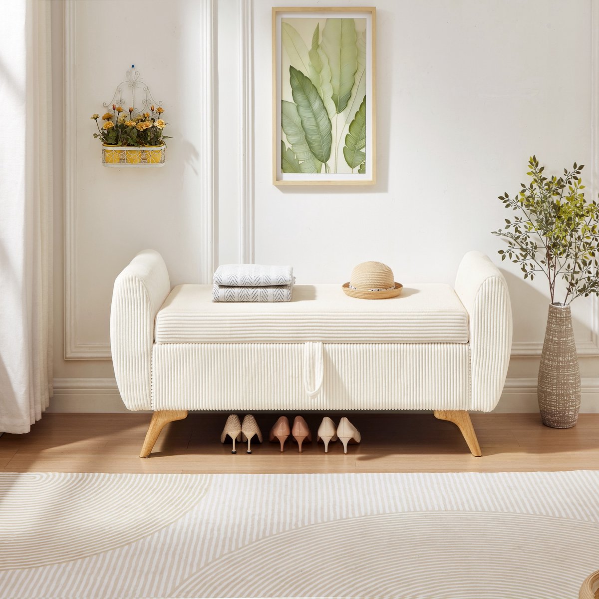 REDOM Opbergbank - Zachte corduroy bekleding - Ingebouwde opbergruimte - Opklapbaar - Moderne stijl - Slaapkamer woonkamer en hal - Houten poten - Beige - 145 x 51 x 57 cm