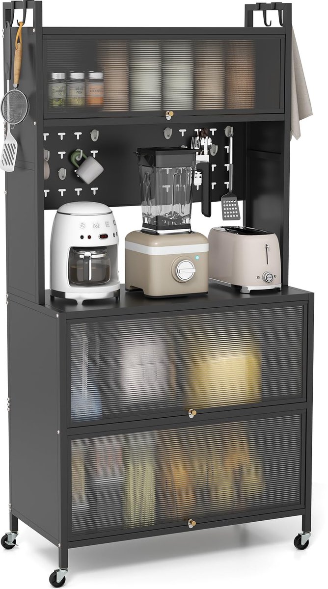 COSTWAY Keukenkast, hoog, keukenrek met wieltjes, buffetkast met klapdeuren, steekbord, haken en kantelbeveiliging, staand rek, hoge kast, voor keuken, eetkamer, woonkamer, 80 x 40 x 160 cm (zwart)