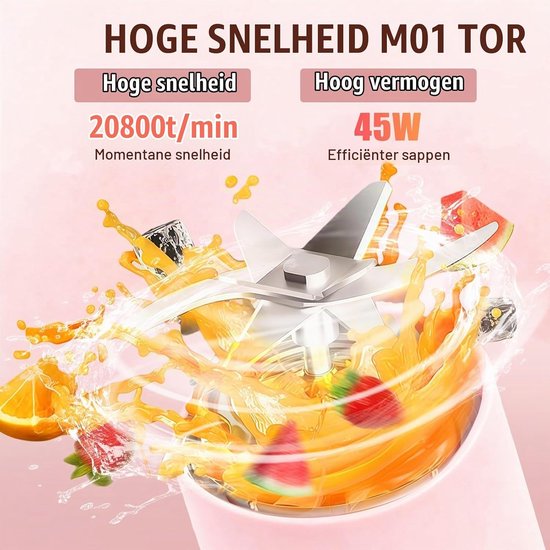 Draagbare 500ML Smoothie Maker met Digitale Display, 16-Bladige USB Juicer voor Shakes en Smoothies, Ideaal voor Keuken, Reizen en Sportactiviteiten, Roze — afbeelding 2