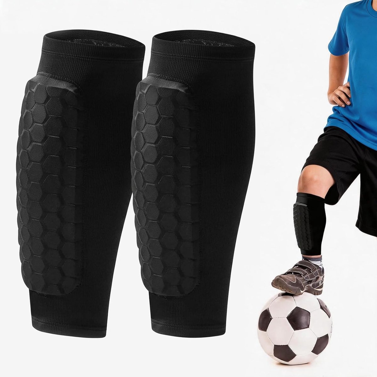 scheenbeschermers voor kinderen, voetbal, maat S, elastische kuitmanchetten met EVA-honingraatvulling en siliconen strepen, ademend, voor jongens en meisjes, zwart