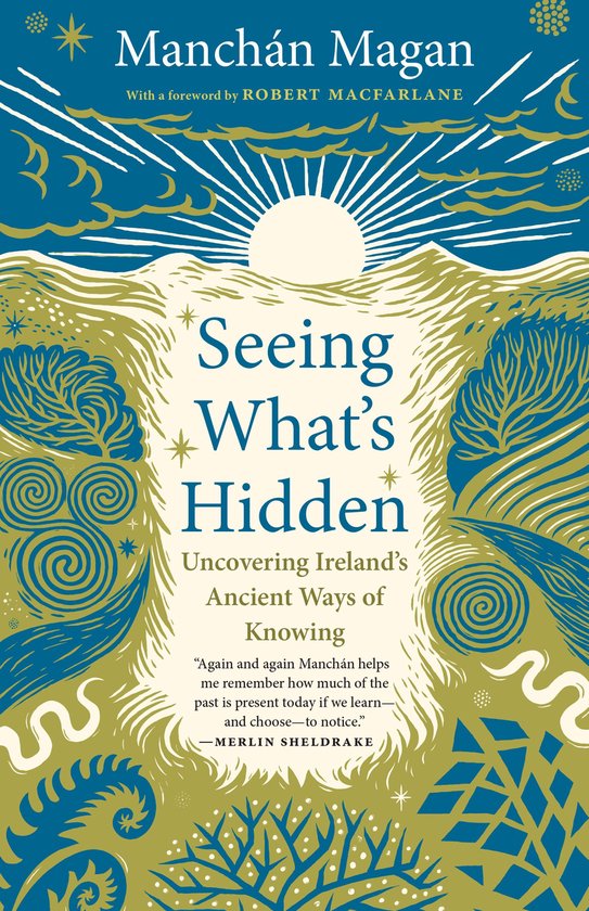 Couverture du livre 'Seeing What's Hidden' par Manchán Magan, avec une préface de Robert Macfarlane. La couverture est bleue et verte avec un soleil stylisé au-dessus de montagnes et d'arbres.