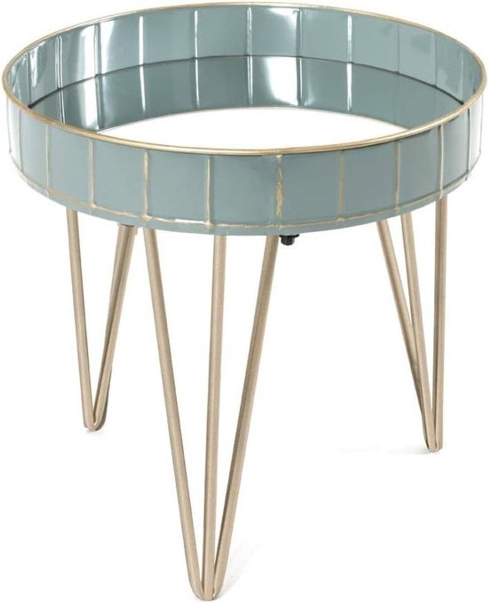 Bijzettafel Staal - Sidetable Metaal - Woonkamer Decoratie - Spiegelglas Binnenkant - 41 x 40 cm - Grijsblauw Brons