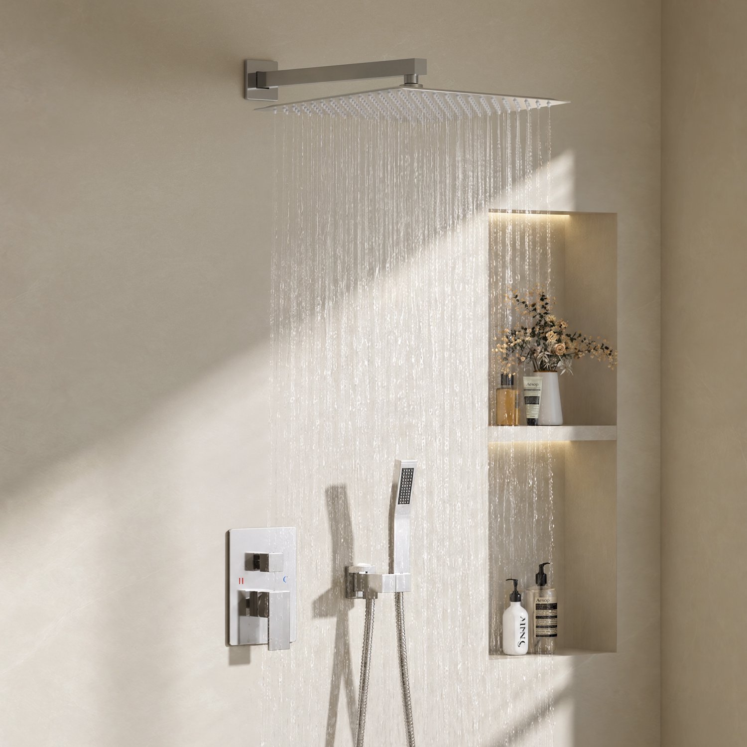 Auralum Luxe Regendoucheset - Inbouw - 12 Inch - Vierkant Douchesysteem - met Messing Kraan - Doucheset - Bedieningspaneel - Handdouche - Complete Regendouche - Chroom