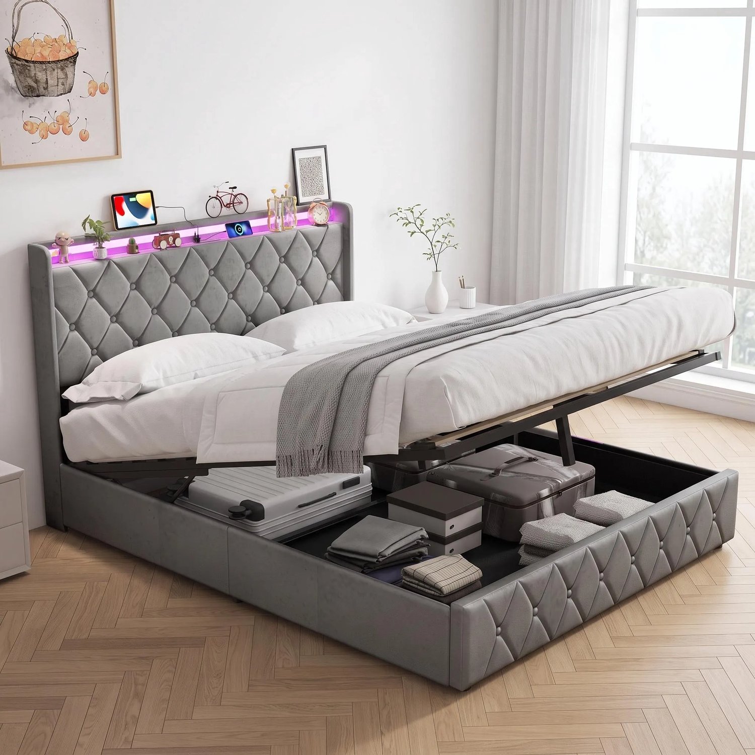 Gestoffeerd bed 160x200 cm met LED & USB-Stopcontacten – Opbergbed Tweepersoonsbed met Opbergruimte en Lattenbodem – Fluweel Grijs – Zonder Matras
