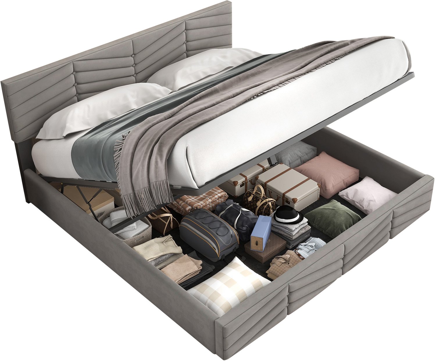 Tweepersoonsbed 160x200 cm - Grijs Fluwelen Opbergbed Met Hydraulisch Liftsysteem - Verstelbaar Hoofdbord En Lattenbodem