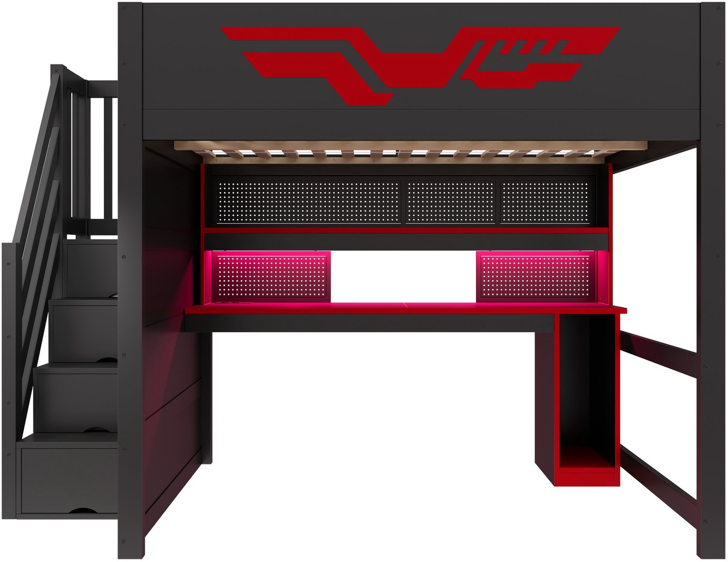 MUVANO Gaming hoogslaper 140x200 - Hoogslaper met bureau - Multifunctioneel bed - Met opbergruimte - 140x200 cm - LED en USB - Slaapkamer Zwart/Rood Multicolor