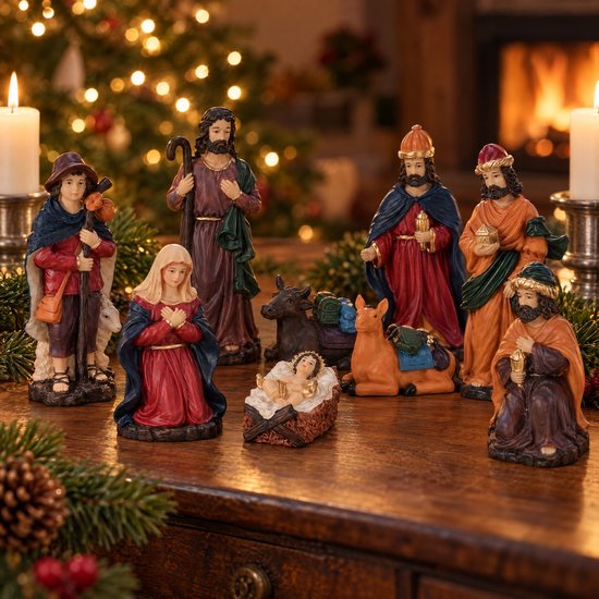 Cheqo® Kerststal Figuren Set van 9 - 15 cm Hoog - Kerstgroep - Handgeschilderde Kerstbeeldjes - Kerstfiguren - Beeldjes voor Kerstkribbe - Maria Jozef en Kindje Jezus - Drie Koningen en Herder - Os en Ezel - Kerstscène - Kerstdecoratie