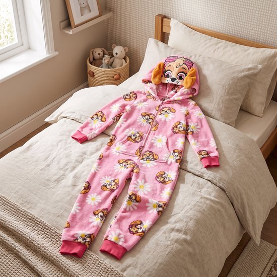 Roze Paw Patrol Skye onesie met margrietenpatroon en capuchon met oren, liggend op een bed.