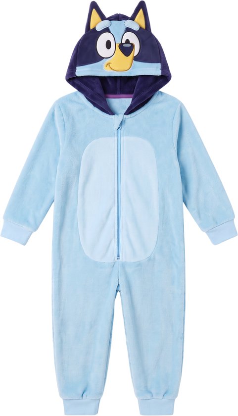 Lichtblauwe Bluey onesie met capuchon, oren en Bluey-gezicht, ritssluiting aan de voorzijde.