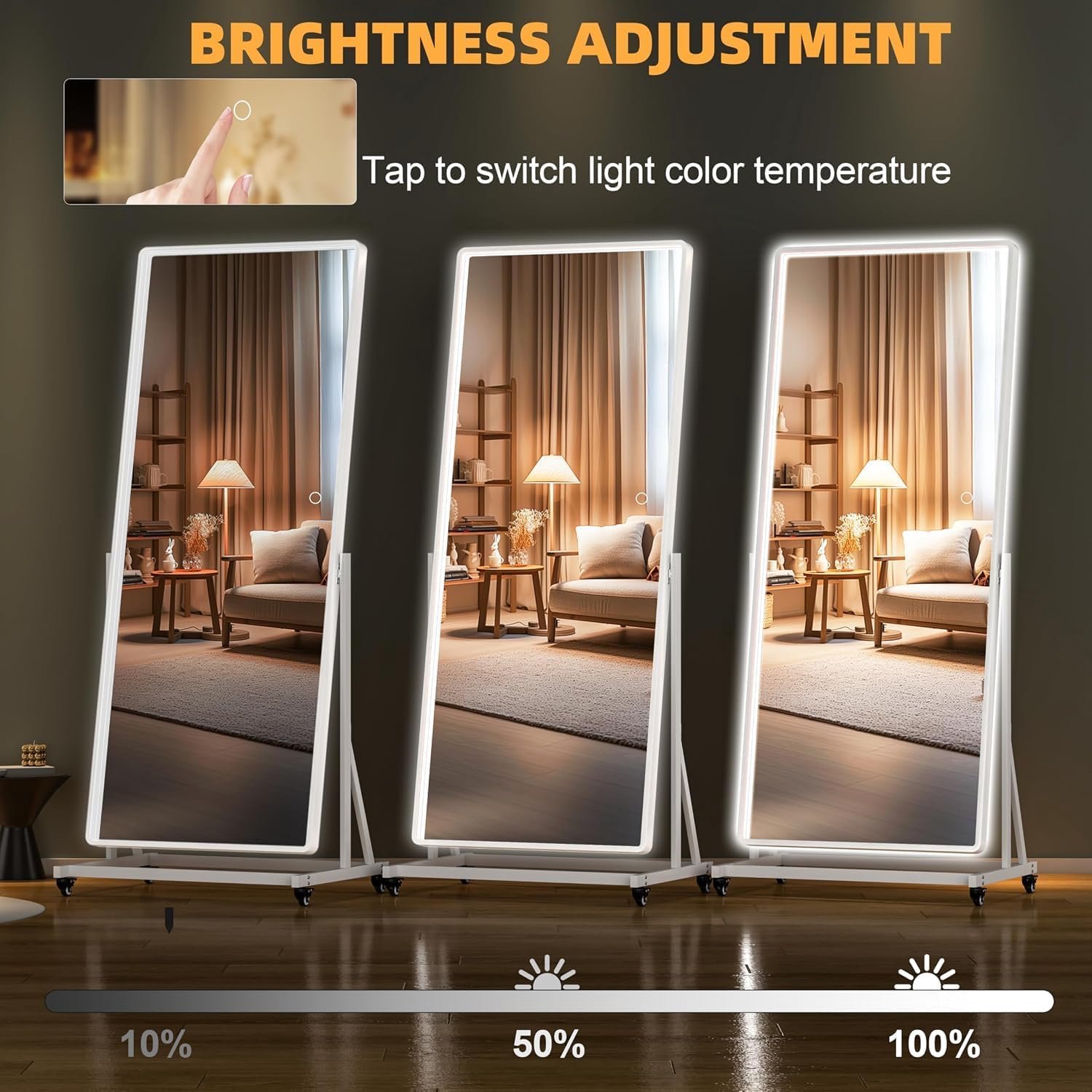 LED Full Body Spiegel op Wielen 165 × 61 cm – 360° Draaibare Staande Spiegel met Verlichting voor Fitness, Dans, Yoga en Kleedkamer