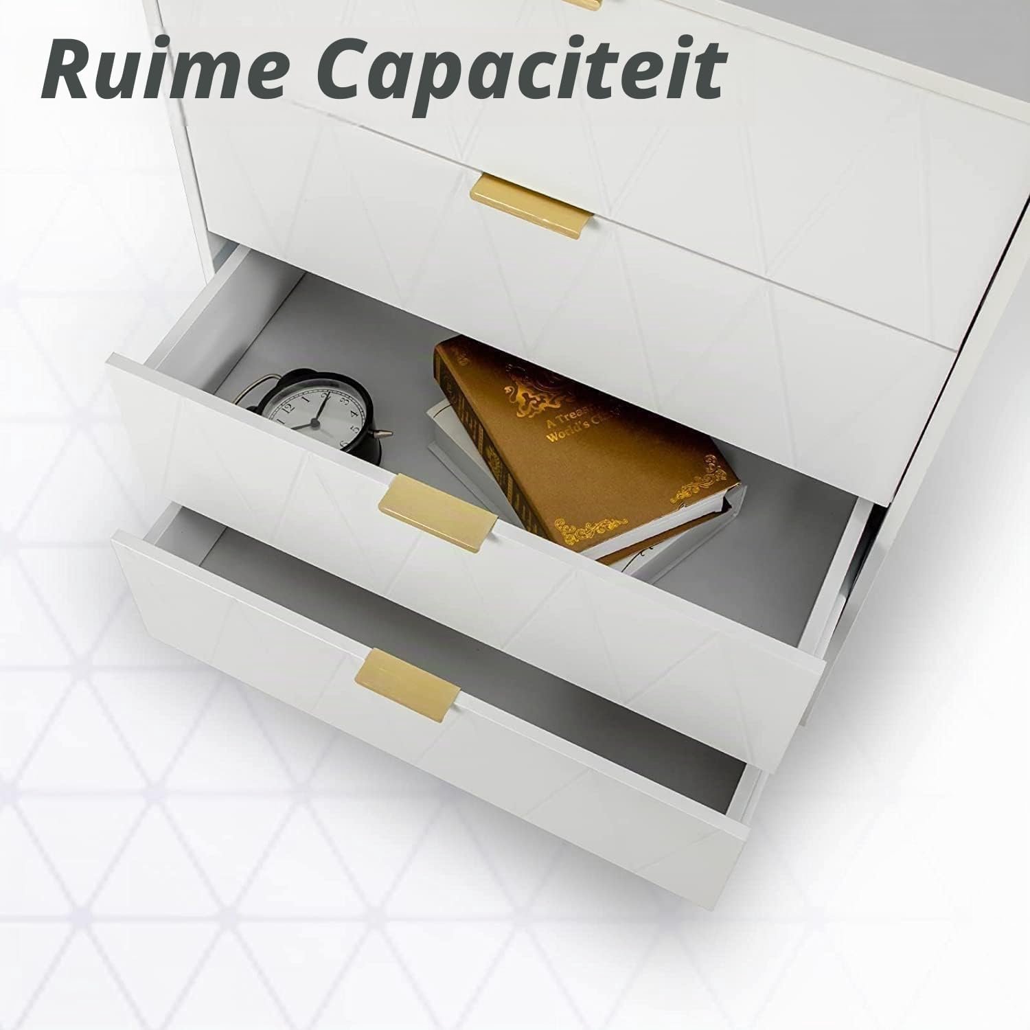 Ladekast NovaLine – Moderne Witte Kast met 4 Lades, MDF, Lijnpatroon en Metalen Poten, 34 x 60 x 91 cm