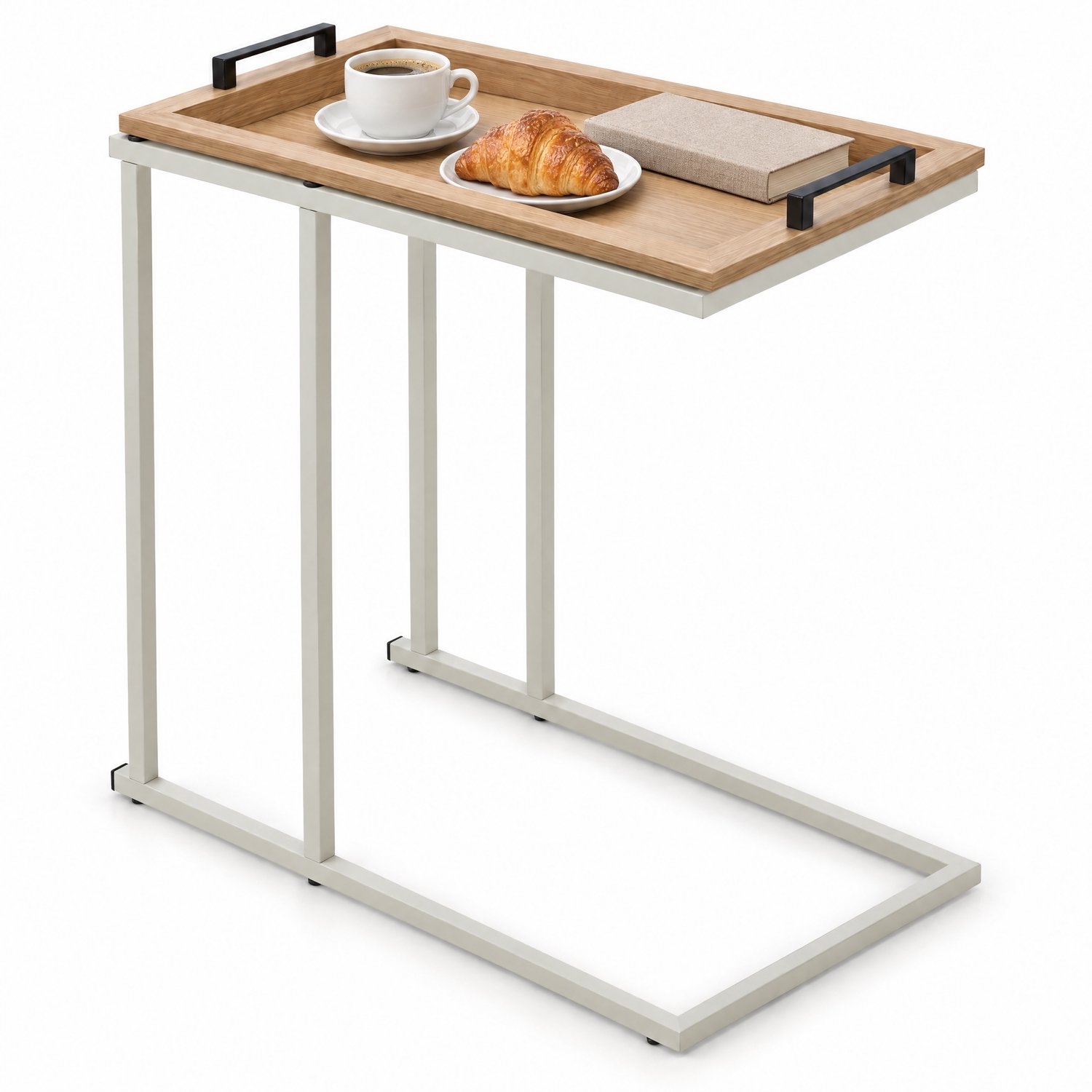 Cheqo Bijzettafel met Afneembaar Dienblad - Banktafel C-Vorm - Laptoptafel voor Bank - Salontafel - Koffietafel - Nachtkastje - Bedtafel - Dienbladtafel - TV Tafel - Snacktafel - Sidetable - Tafeltje - Witte Bijzettafel Woonkamer