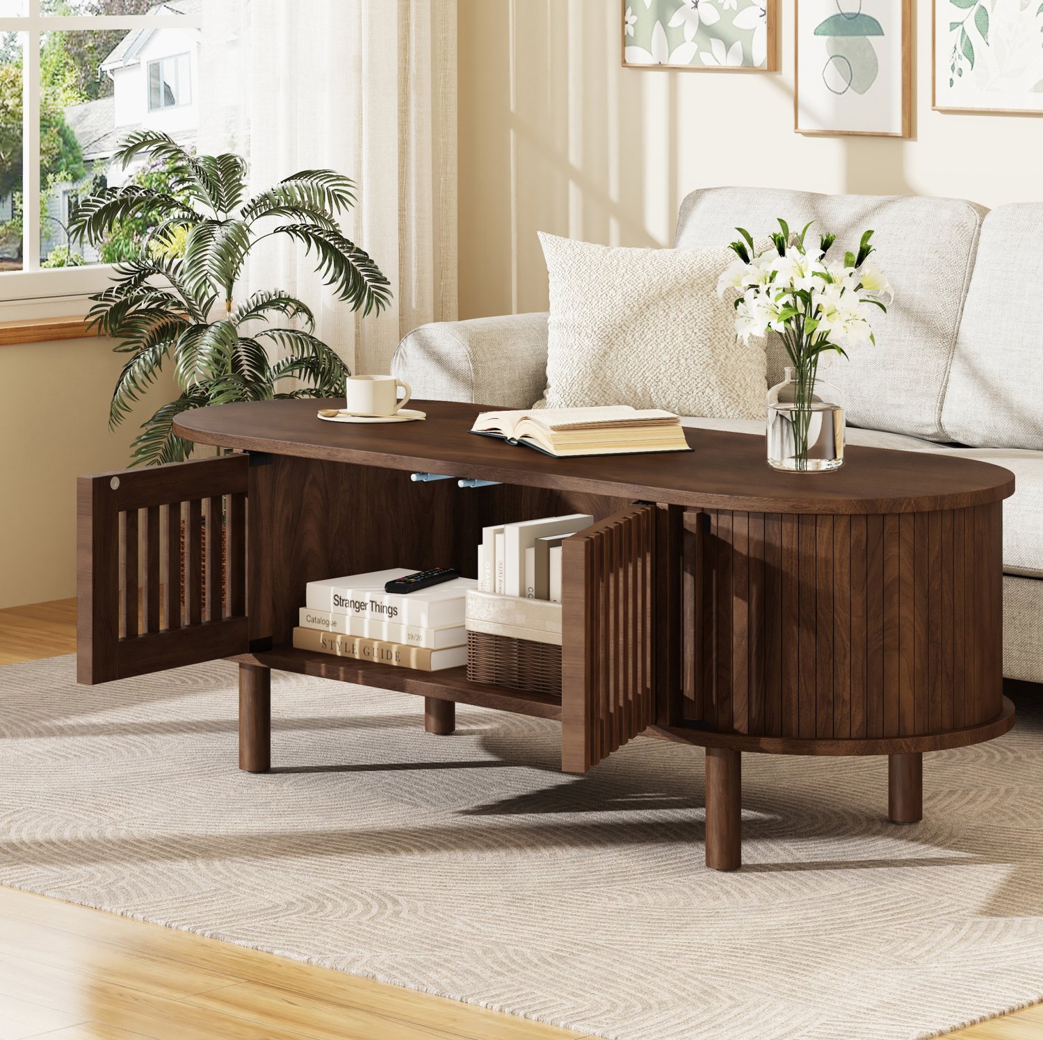 OKWISH Salontafel - Ovaal - 2 Lamellendeuren En Schuifdeur - Opbergruimte Voor Woonkamer - MDF Walnootkleur - 100 x 40 x 38 cm