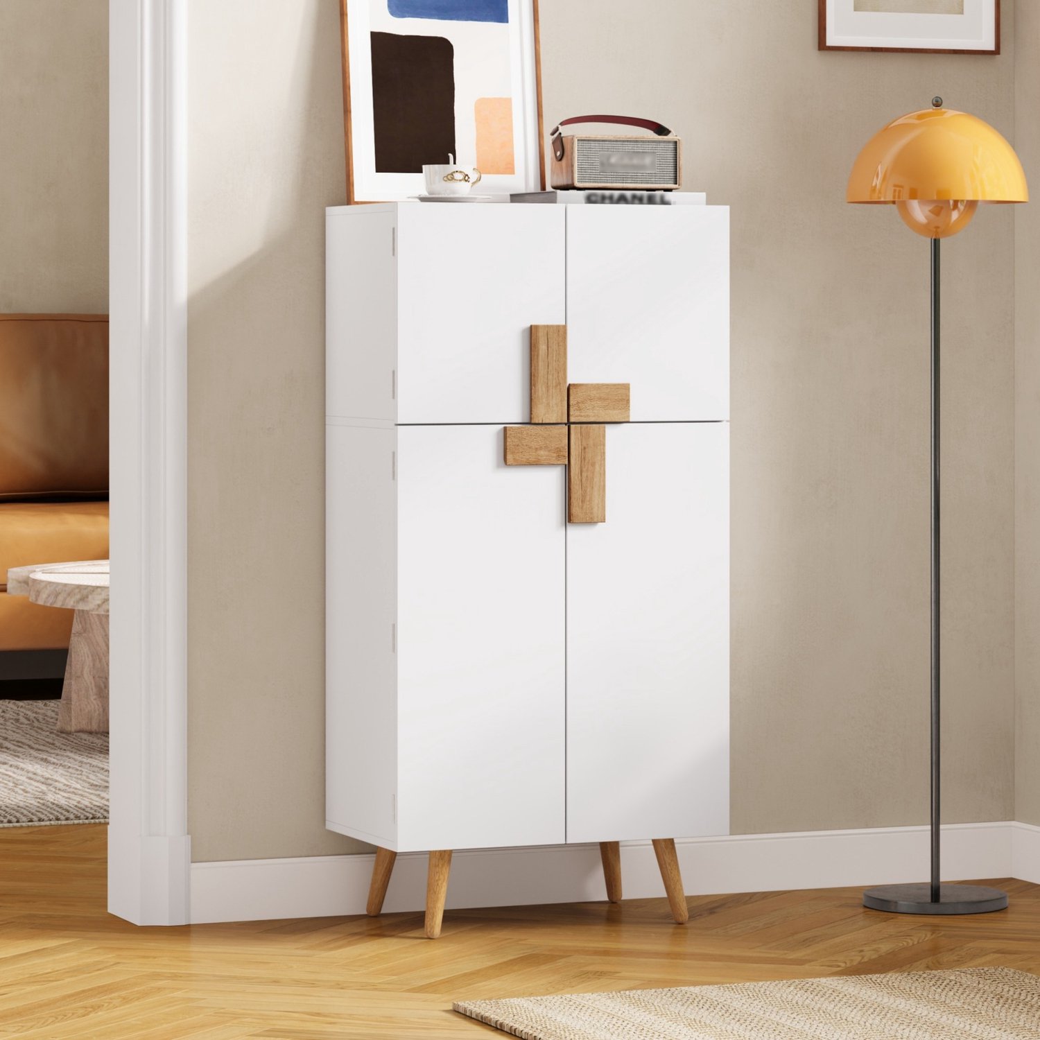 OKWISH Keukenkast - Hoge Opbergkast Met 4 Deuren - Verstelbare Legplanken En Deurvakken - MDF Wit - 60 x 35 x 120 cm