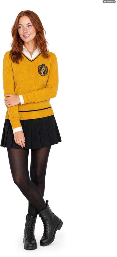 Vrouw met rood haar draagt een gele Hufflepuff-trui, witte blouse, zwarte plooirok en zwarte laarzen.