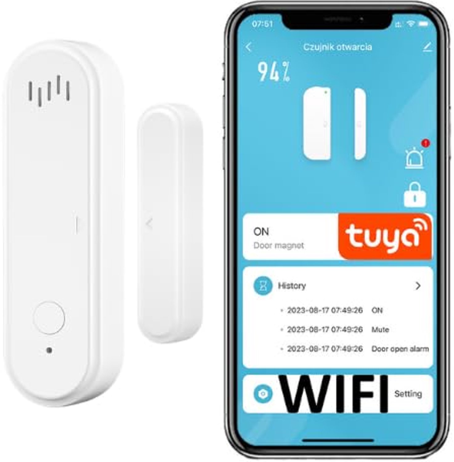 Wifi-deuralarm, raamalarm met sirene,, 2 x AAA, wit