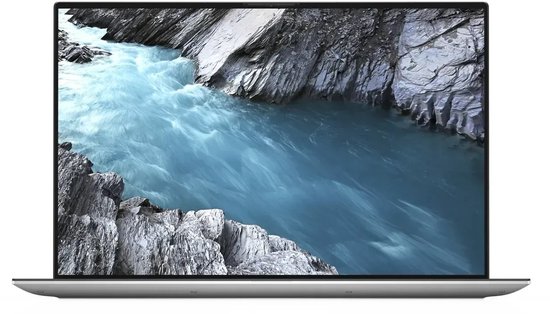 Vooraanzicht van een zilveren Dell XPS 15 laptop met een dunne rand en een scherm met een blauwe bergstroom.