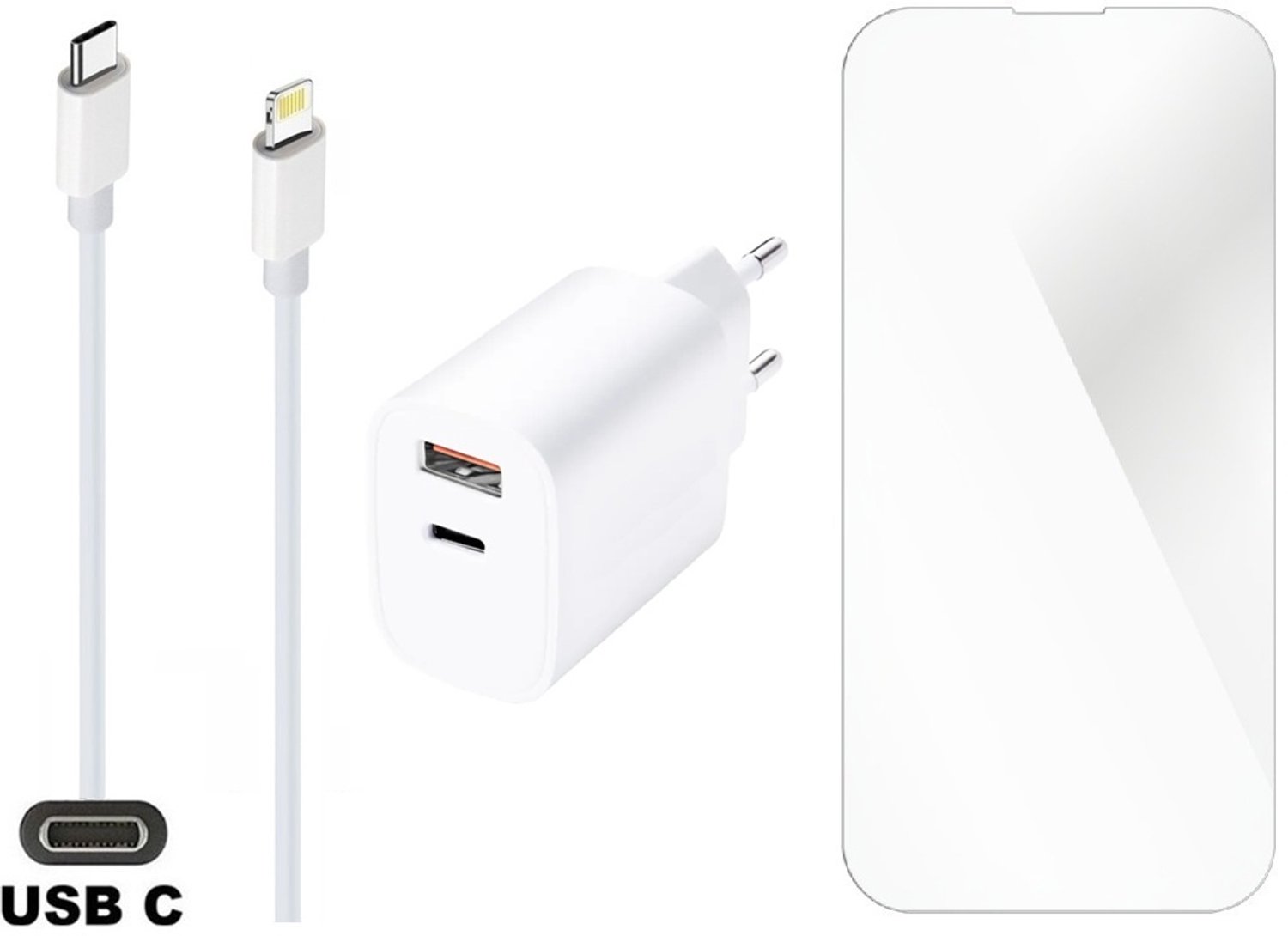 OneOne 35W super snellader met 2 poorten en screenprotector van glas voor iPhone 14 Pro Max + 2,0m USB C naar Lightning kabel. PD lader. Universele oplader adapter. Glazen screenprotector past op Apple iPhone 14 Pro Max
