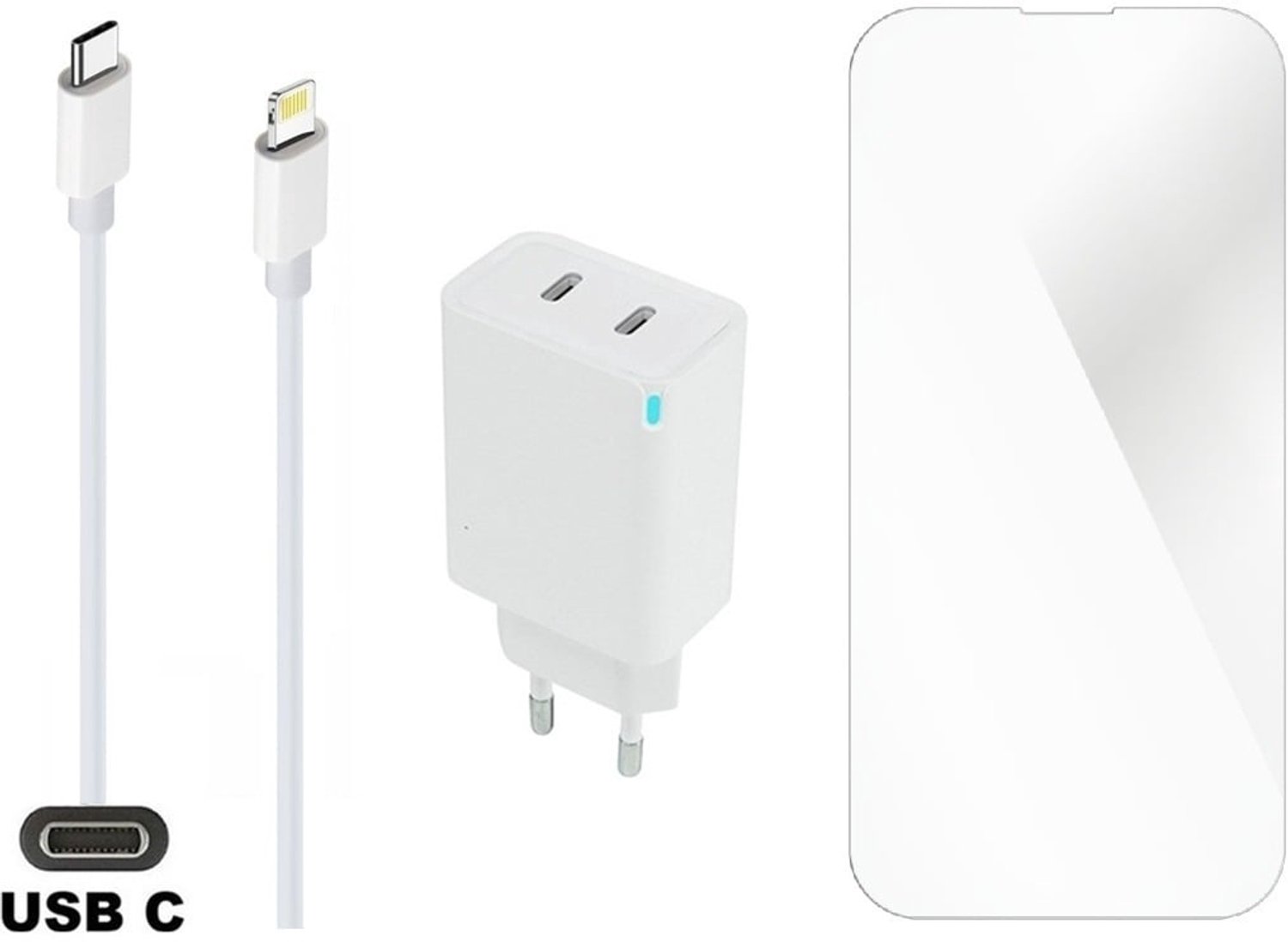 OneOne 45W super snellader met 2 poorten USB C - USB C en screenprotector van glas voor iPhone 12 Pro + 2,0m USB C naar Lightning kabel. Witte PD PPS lader. Universele oplader adapter. Glazen screenprotector past op Apple iPhone 12 Pro