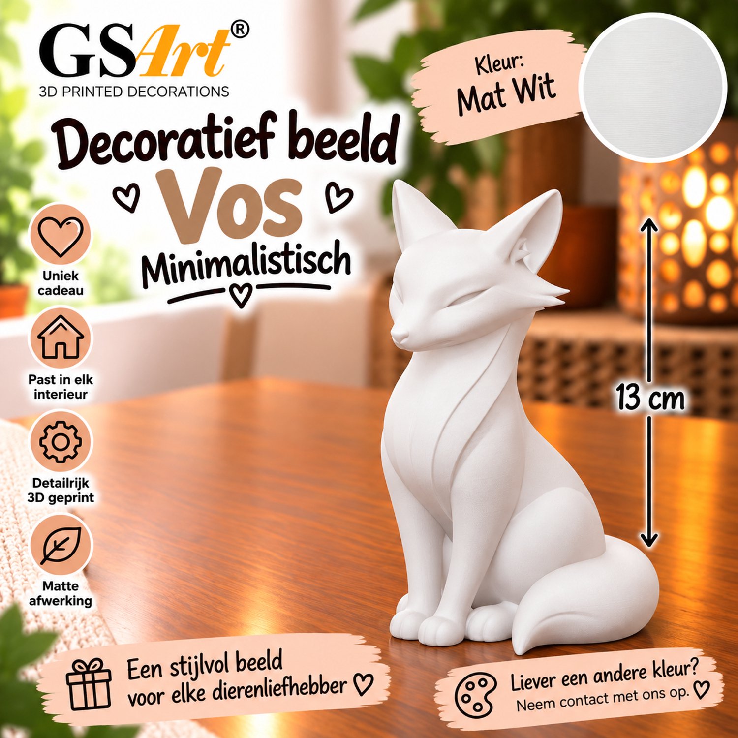 GSArt Decoratief Beeld Vos Minimalistisch 13 cm – 3D Geprint – Mat Wit