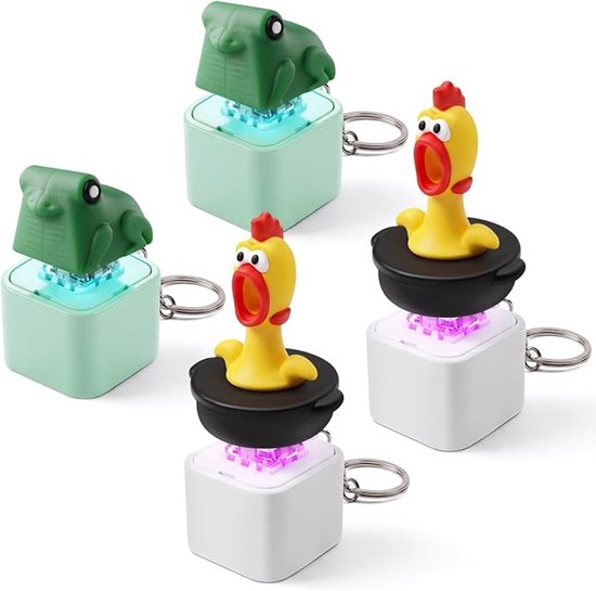 Groep van vier fidget-sleutelhangers met kippen en kikkers in oplichtende kleuren.