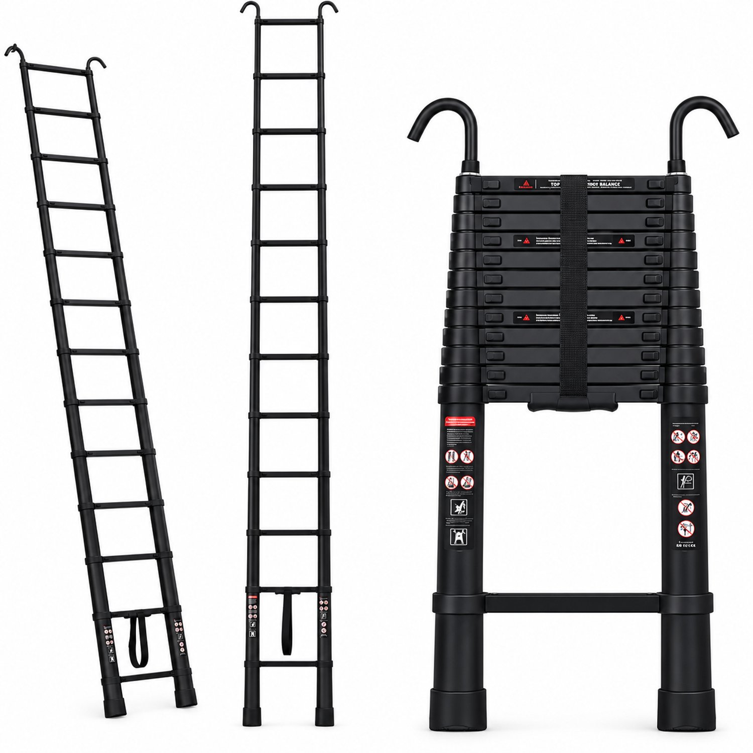 DPLUNIQ Telescoopladder - Ladder - Vouwladder - Trapladder - Anti-slip - Met Haken - Max. 150kg - 3,2M - 14 Treden - 14kg - Zwart