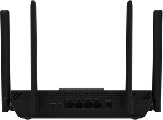 Achterkant van de zwarte ASUS router met poorten voor LAN1, LAN2, LAN3, WAN, DCIN, reset en WPS knoppen.