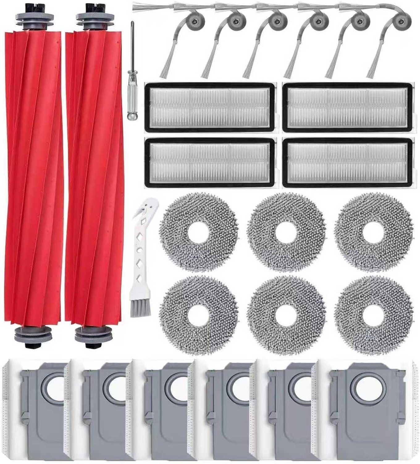 26 stuks accessoires geschikt voor Roborock QV 35A/QV 35S robotstofzuiger, 2 hoofdborstels, 6 stofzakken, 6 dweilpads, 4 HEPA-filters, 6 zijborstels, 1 reinigingsborstel, 1 schroevendraaier