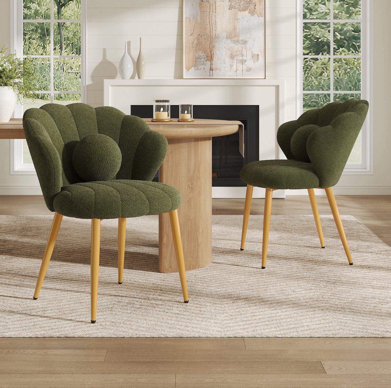 STILVORA Eetkamerstoel Kuipstoel Set Van 2 - Schelpvormige Rugleuning Met Kussen - Voor Eetkamer En Kaptafel - Zachte Teddystof Groen