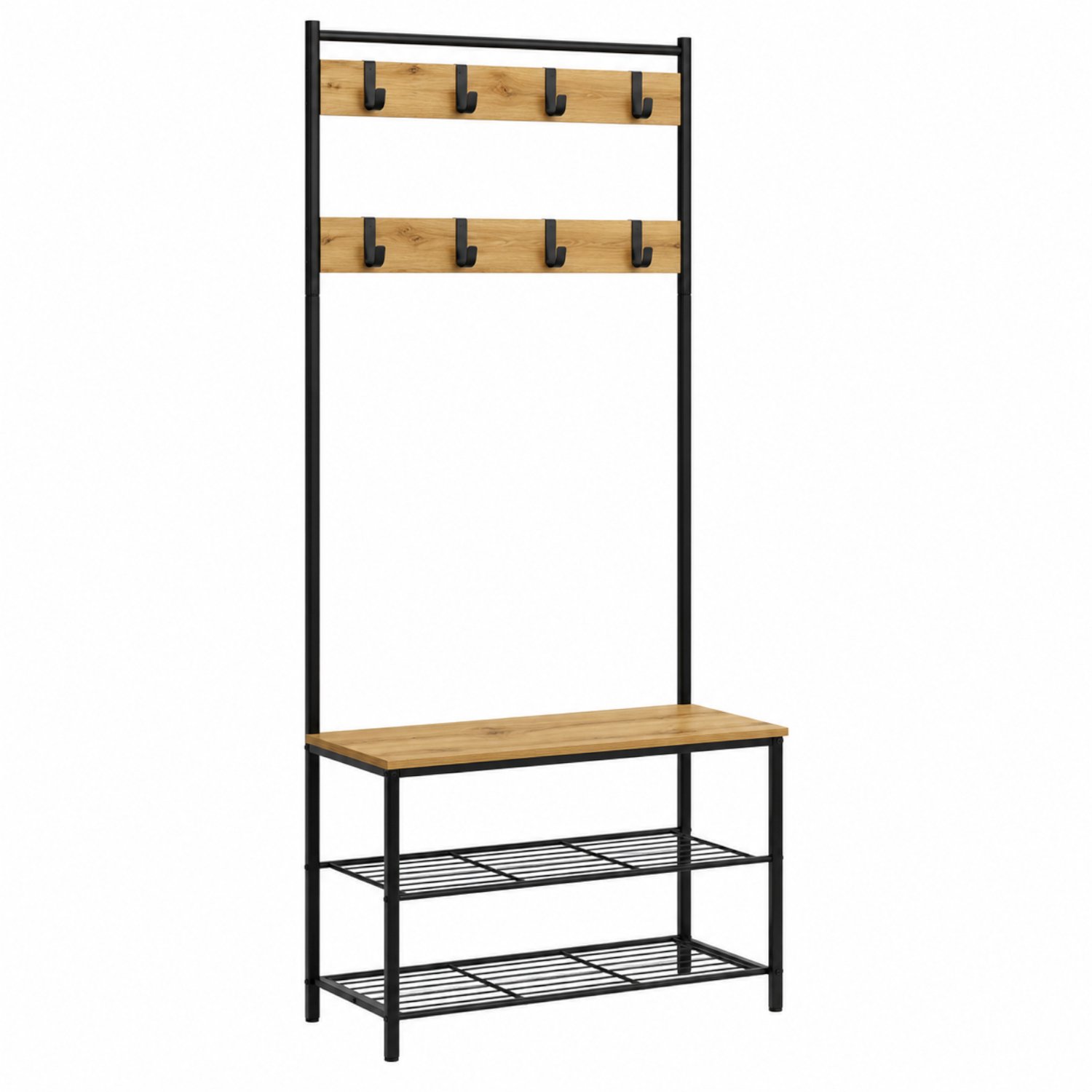 BEGRYF - Kapstok met bankje - eik/zwart - 70x32x175 cm