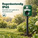 Regenbestendige MartGuard IP65 verjager op paal tijdens een regenbui in de tuin.