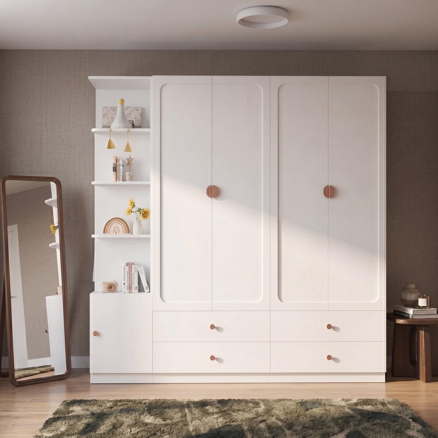 VVBV Kledingkast / Kledingkast met lades 225x45x200 cm – 4 Lades, 3 Kledingstangen, Draaideuren – Solid Wood/MDF,Steel / Wit