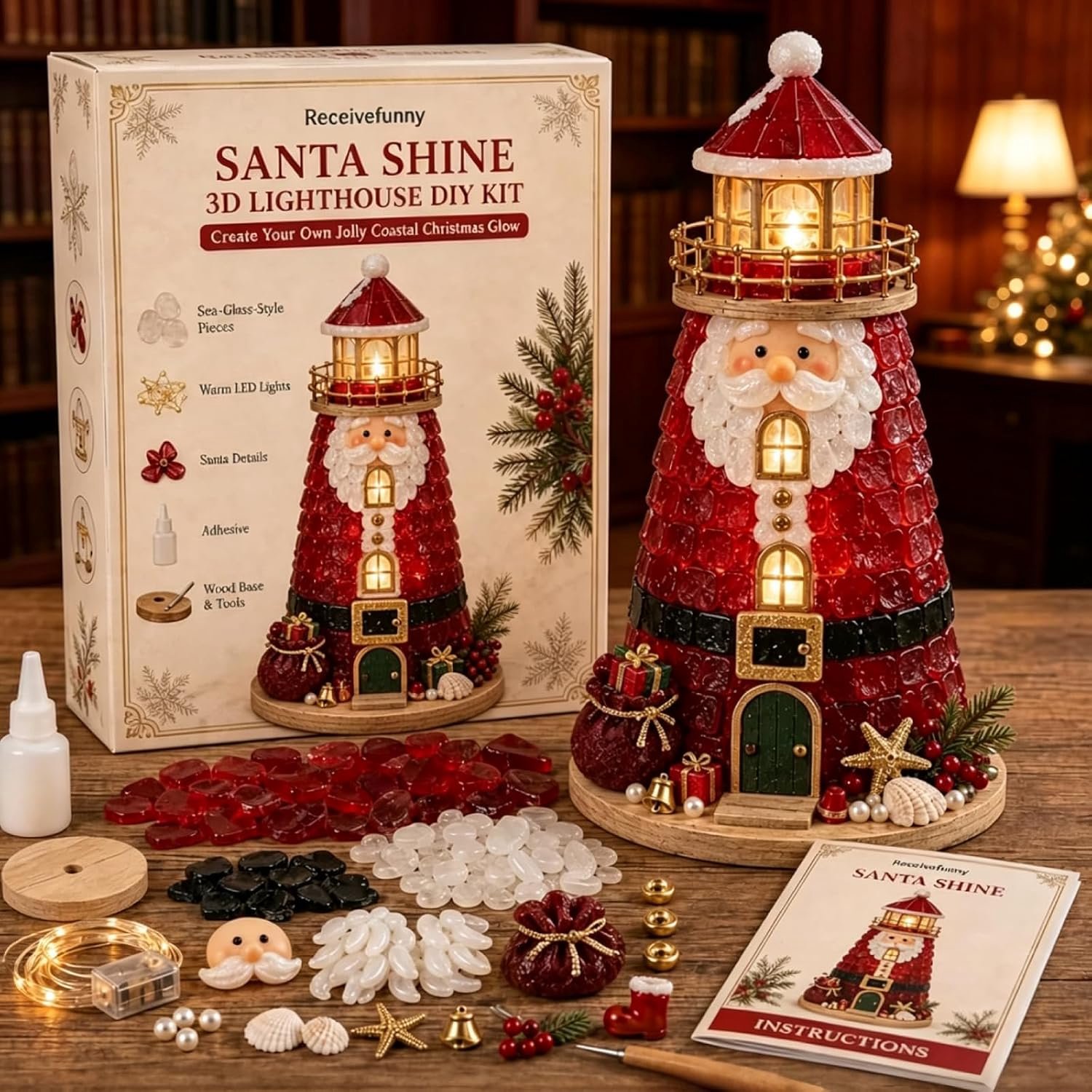 DIY Kerstvuurtoren kit - DIY Vuurtoren Set - 3D Vuurtoren Zeeglas Stijl - Mozaïekkunst -Inclusief accessoires, ledstrips en lijm - Geschikt voor Beginners & Volwassenen - Kerstman - Handgemaakt - Ornament - Kerstdecoratie & Cadeau - 15x25CM -TENGYIF®