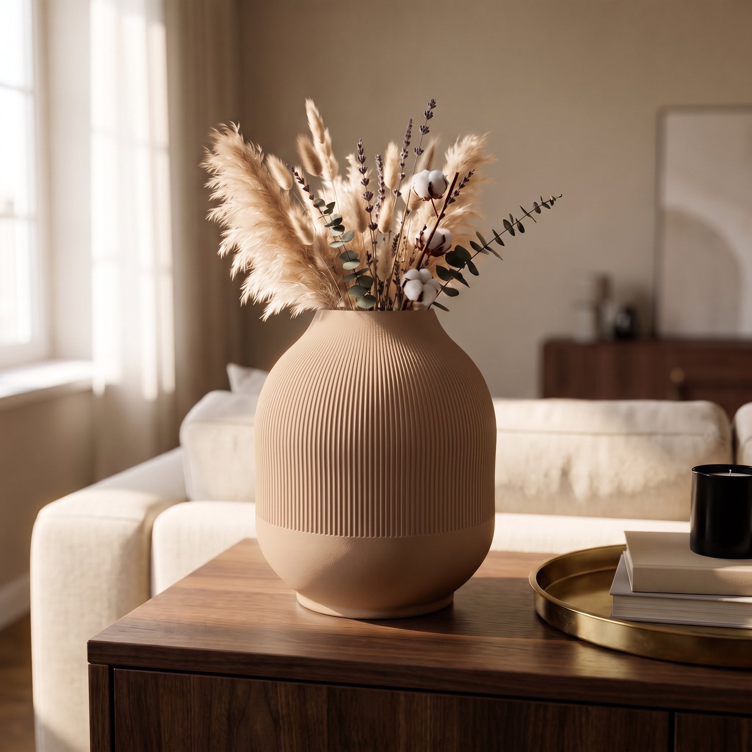 AUREA - Maison AUREA Geribbelde Vaas Latte Bruin – Bloemenvaas voor Droogbloemen – Latte bruin Design – 21,5 cm