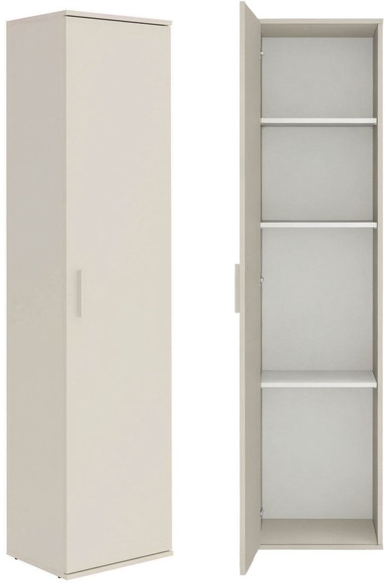 Hoge, smalle beige kast met één deur en drie witte legplanken aan de binnenkant.