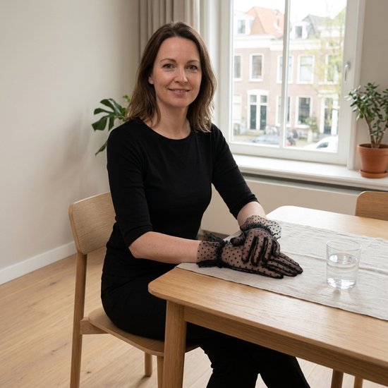 Vrouw draagt elegante zwarte tule handschoenen met stippen aan een houten tafel.