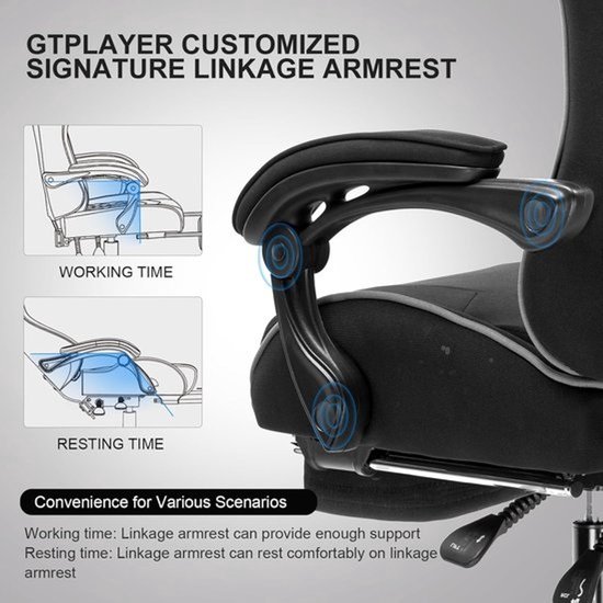 GTPLAYER Gamingstoel met massage - Ergonomische bureaustoel met voetsteun - Verstelbare hoofdsteun en lendensteun - In hoogte verstelbaar - Zwarte stoffen uitvoering van GTPLAYER — afbeelding 2