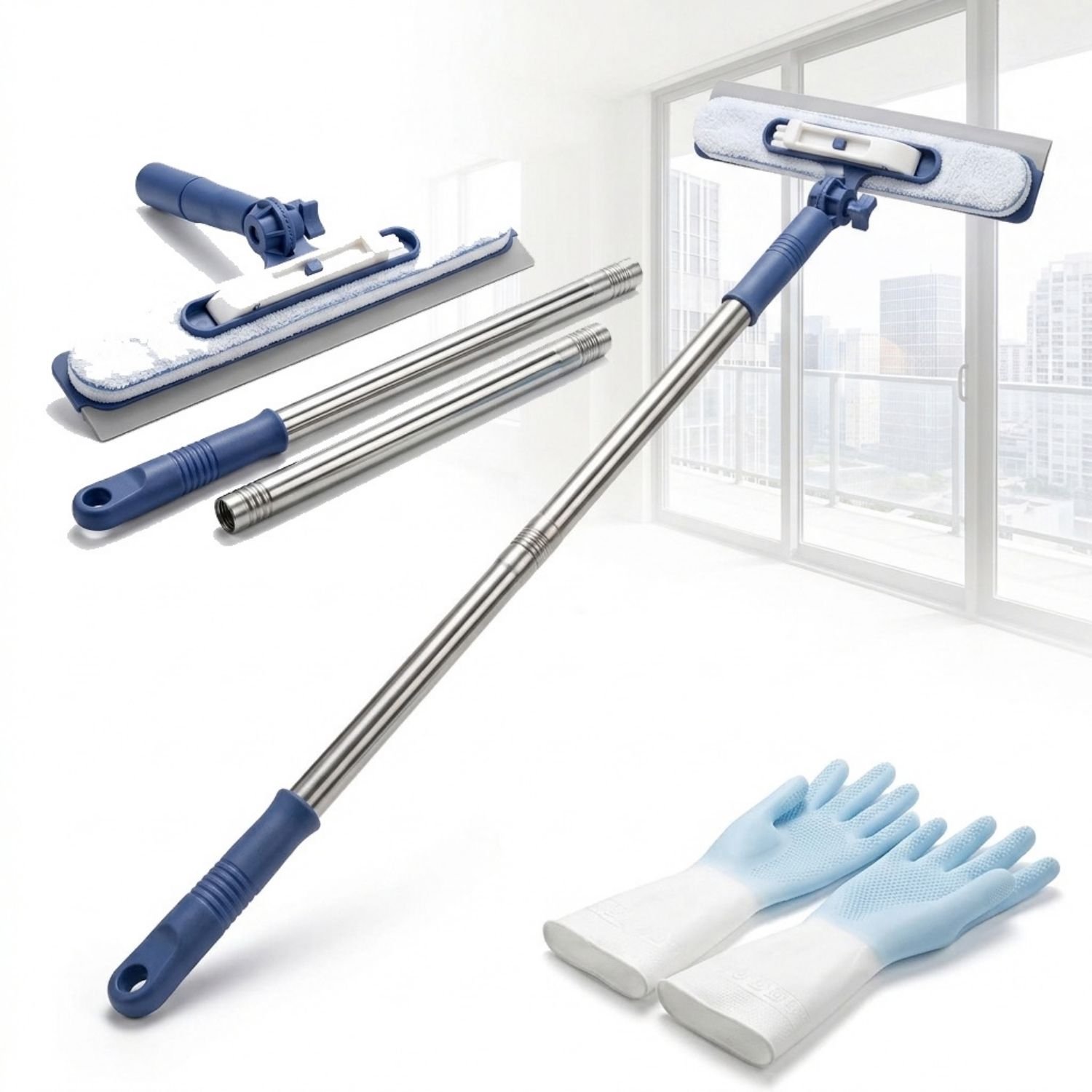 Daily Supplies® Telescopische Staubwisser - Raamreiniger Set - Hoge Oppervlakken Reinigen - Blauw